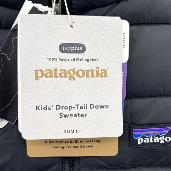 Patagonia Puff Down Jacket Kids Medium (10) Black Drop-Tail Sweater Slim Outdoor - Picture 2 of 14
